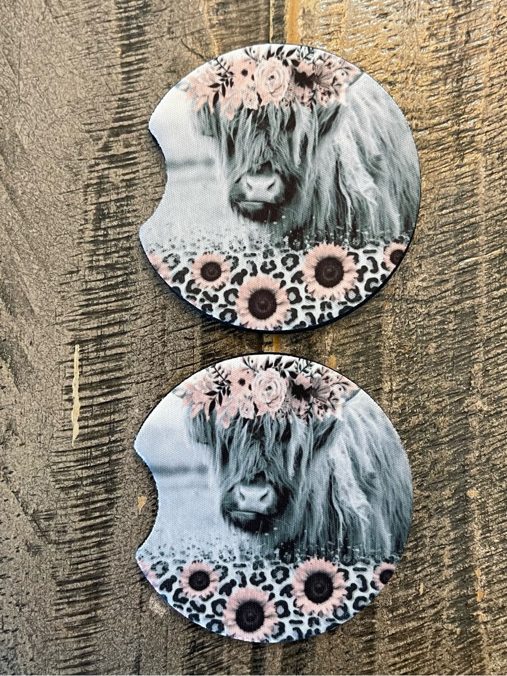 Pink Floral Highland Cow Car Coaster- Set of 2